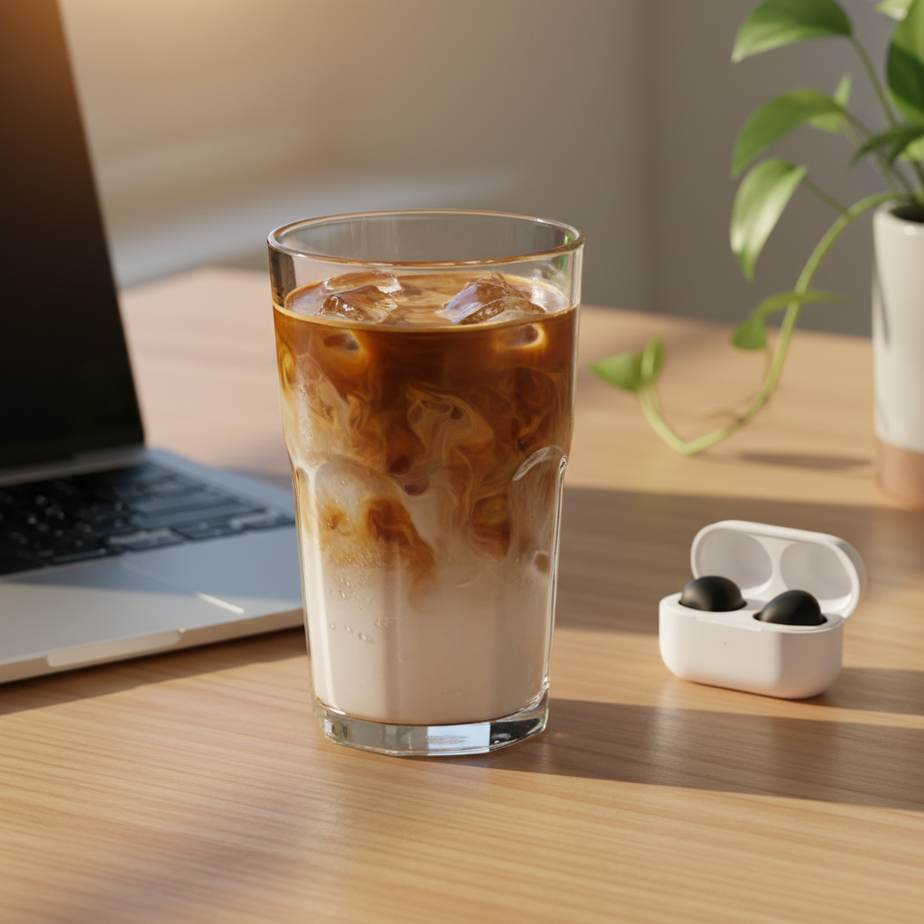 A close-up of a rich iced coffee in a tall, clear glass, filled with swirling layers of espresso, cold brew, and oat milk, with condensation beads glistening on the surface. The glass stands on a light oak desk next to a minimalist silver laptop, a pair of wireless earbuds in an open charging case, and a small, thriving pothos plant trailing off to the side. Late afternoon golden hour light pours through an unseen window, creating long, soft shadows and a warm, inviting glow across the scene. Captured from a slightly elevated angle with a cinematic, photographic style and gentle background blur, the image feels modern, digital-native, and contemplative—evoking the daily grind of a millennial balancing work, rest, and caffeine-fueled creativity.
